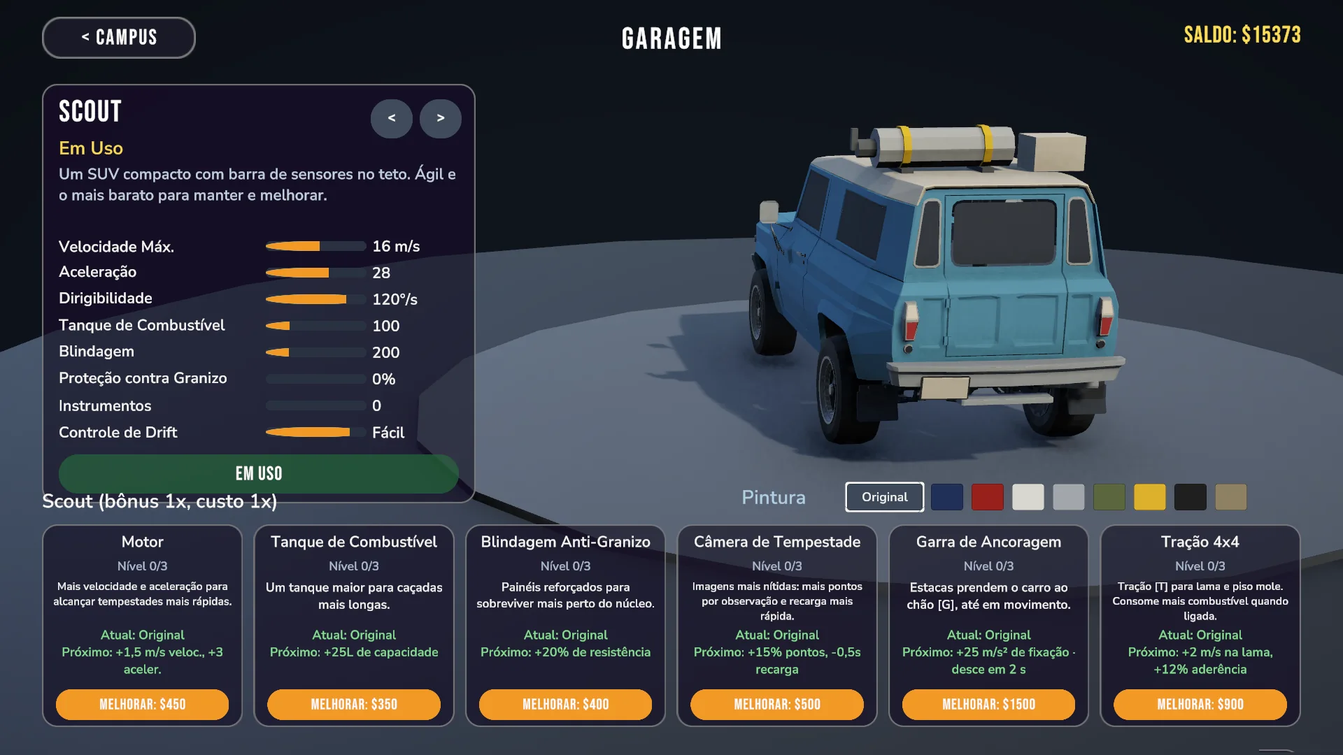 Scout na garagem, com opções de pintura, atributos do veículo e melhorias de equipamentos.